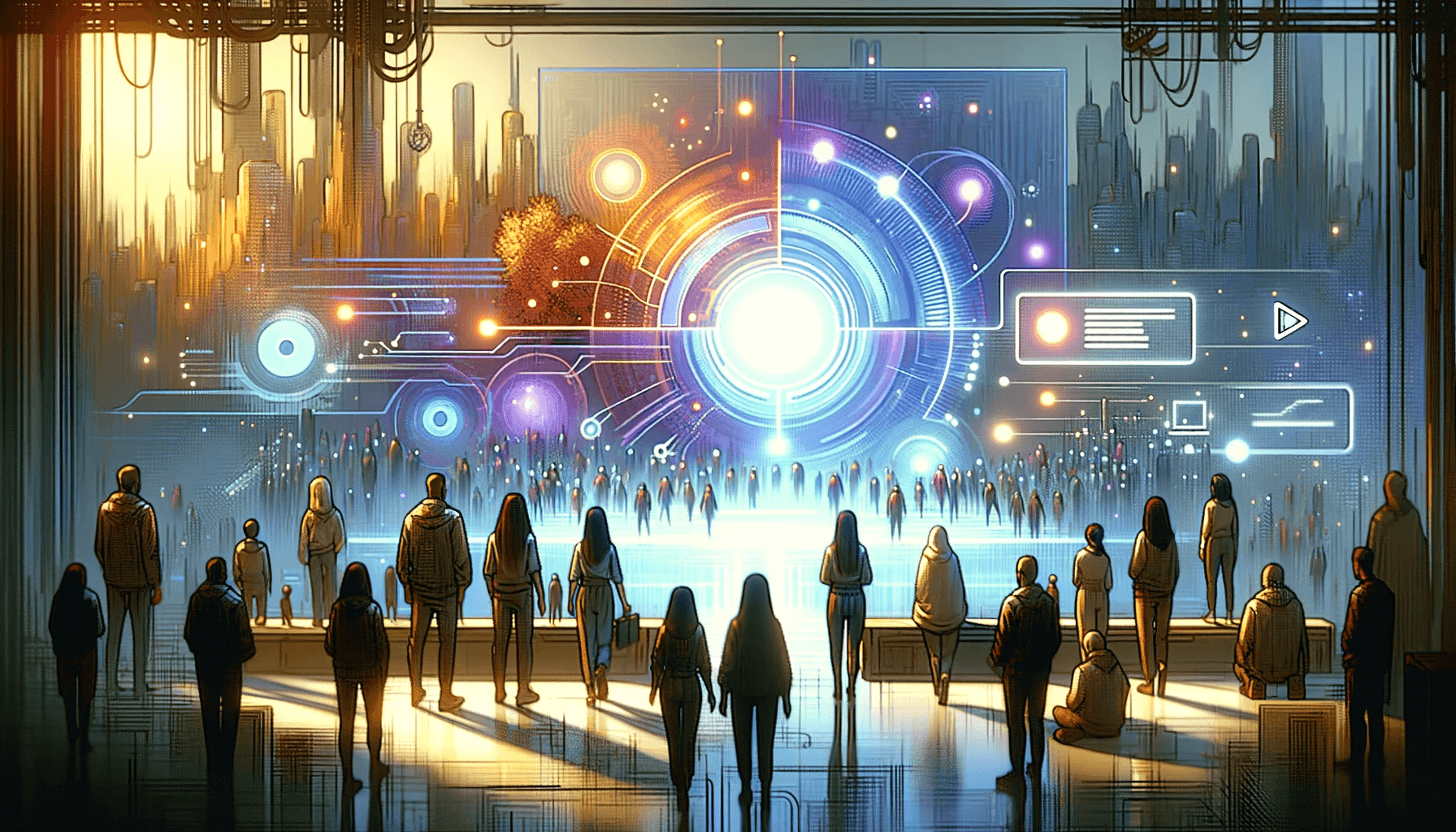 Silhouetted figures of various people standing and looking towards a giant, luminous, futuristic interface with glowing orbs and concentric circles, set in a room with a view of a sprawling cityscape at dusk.