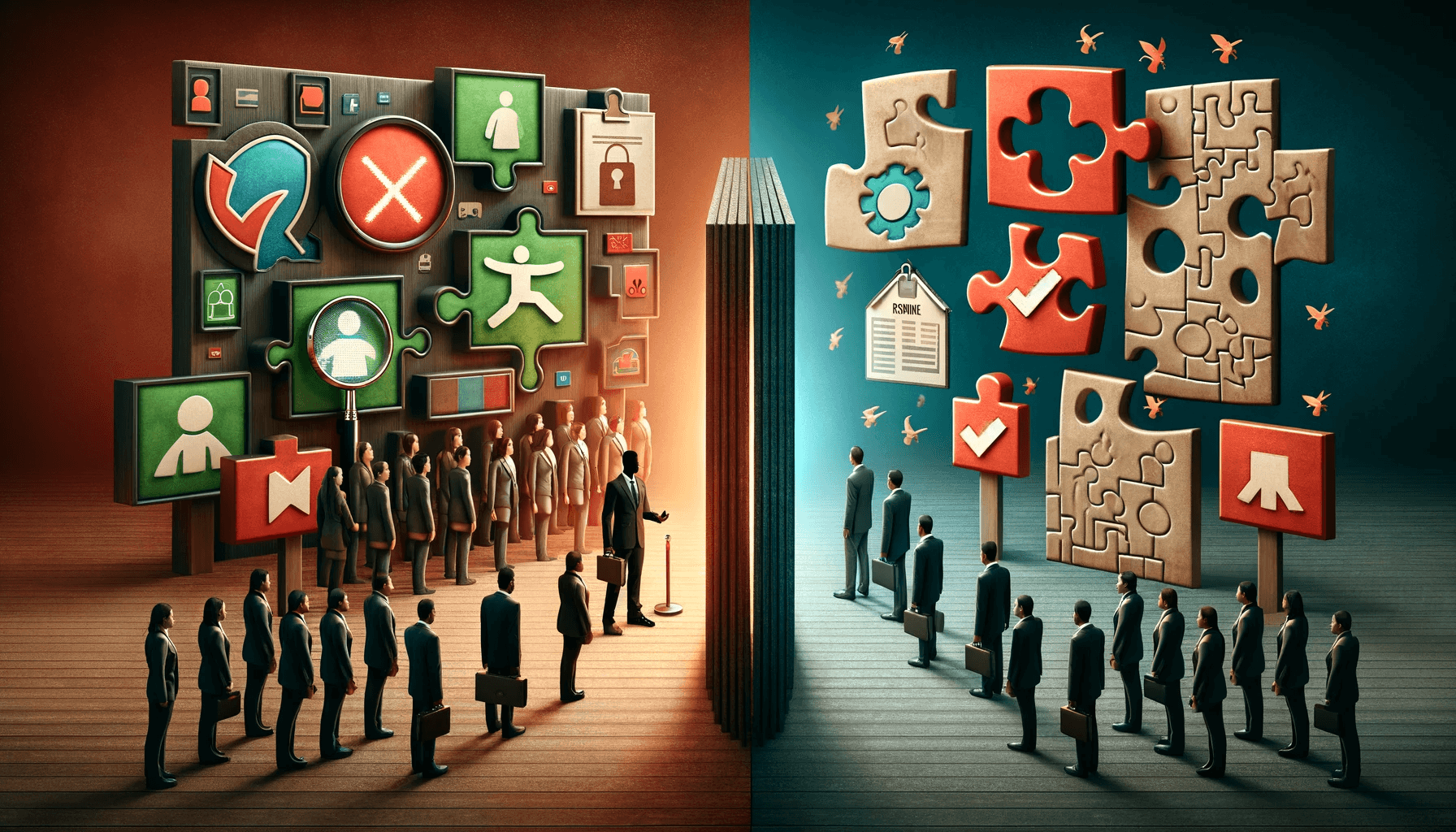 An artwork depicting two groups of people in business attire looking at large, symbolic puzzle walls that represent different screening strategies or processes. The wall on the left has various icons like refresh, cancel, and user symbols, while the wall on the right features incomplete puzzle pieces. There's a noticeable contrast between the red-toned left side and the blue-toned right side, indicating two different approaches or outcomes.