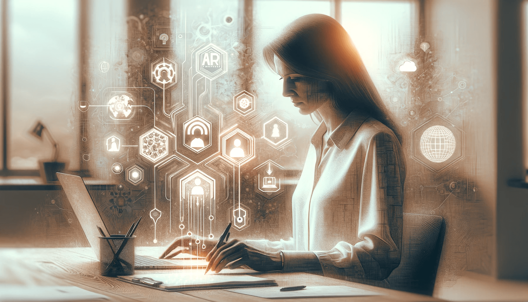 A woman working at a desk with a laptop, immersed in a holographic interface of augmented reality (AR) and various technology and data icons, symbolizing advanced recruitment technology.